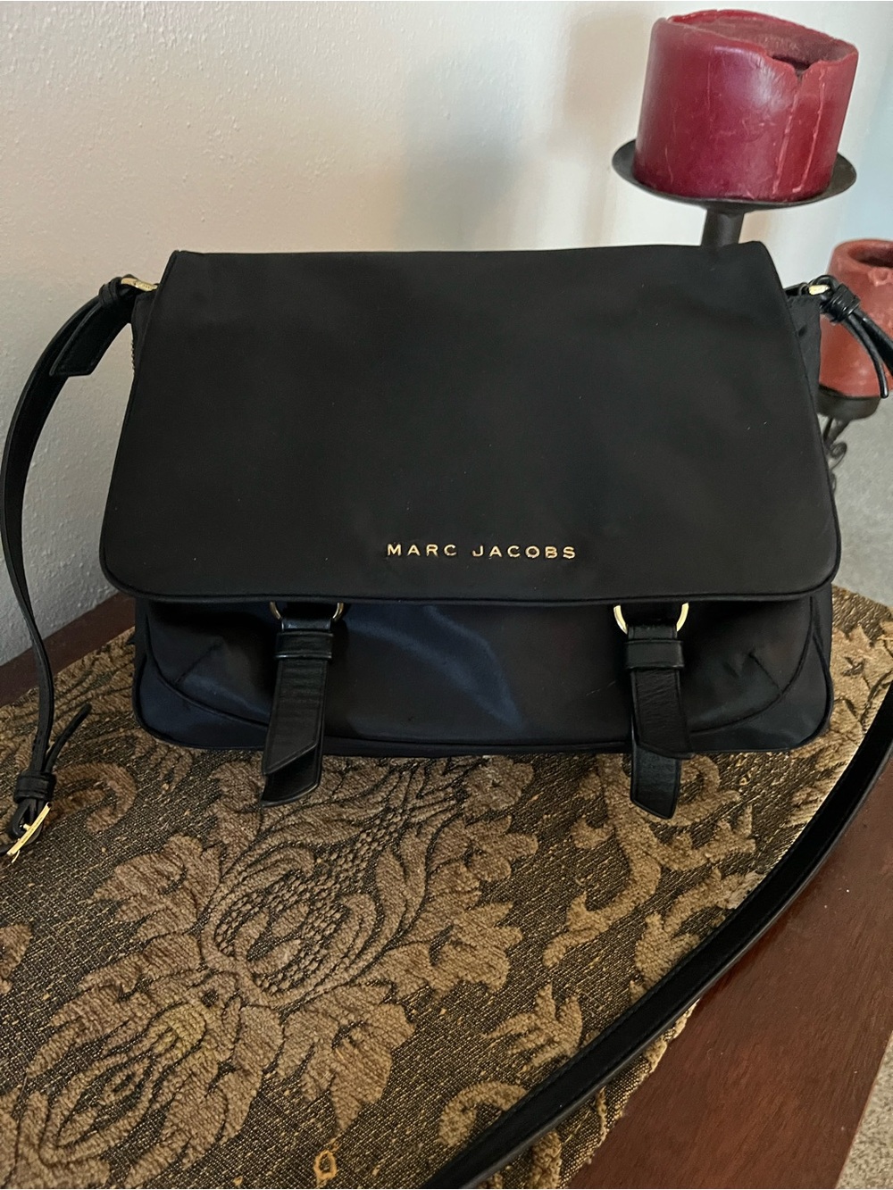 Marc Jacobs Black Nylon Messenger Bag with Gold Logo